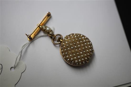 An early 20th century 18ct gold, seed pearl encrusted set fob watch, overall 2in.